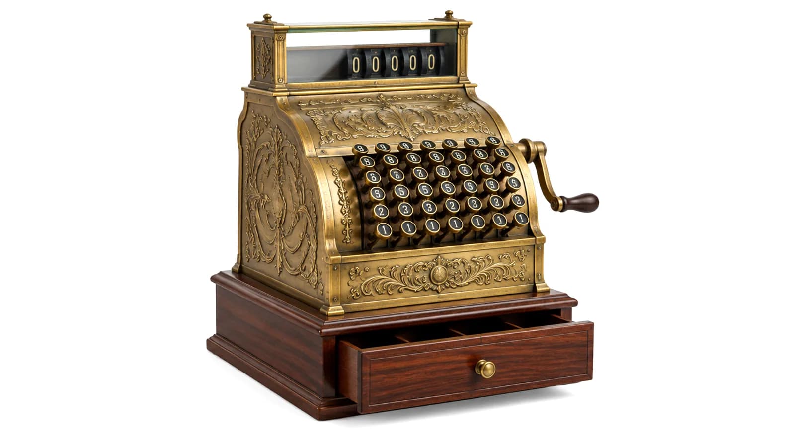 An antique brass cash register with its wooden drawer open