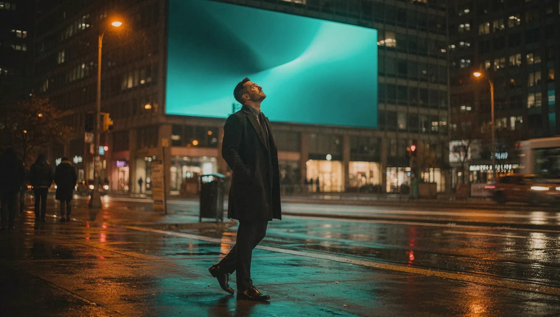 A man on a rainy Toronto street at night stops to look up at a glowing teal billboard