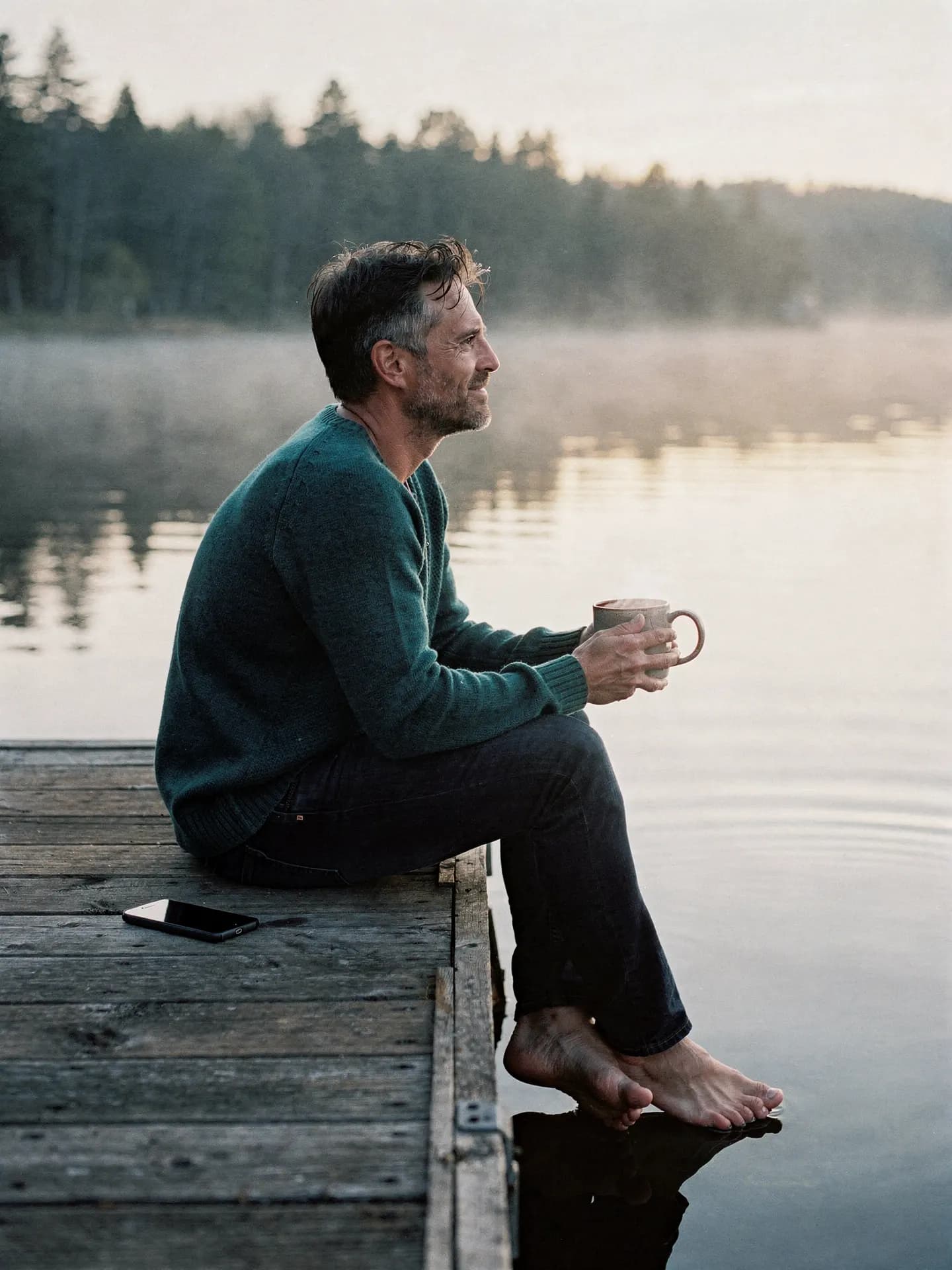 A man with a coffee at the end of a cottage dock on a misty lake, his phone face down
