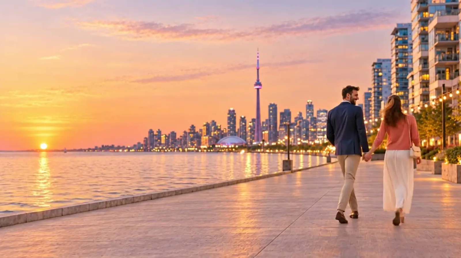 Two people, dressed for dinner, walking along the lake at sunset