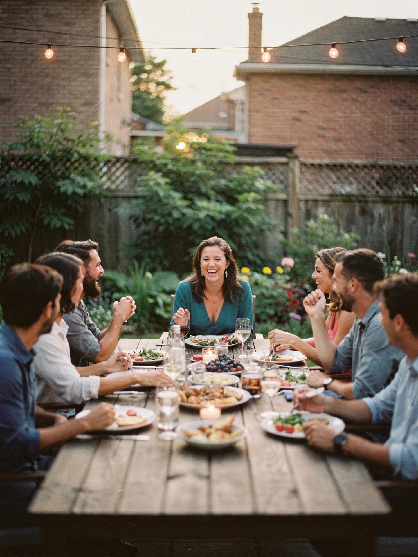 Friends around a long dinner table on a patio at dusk