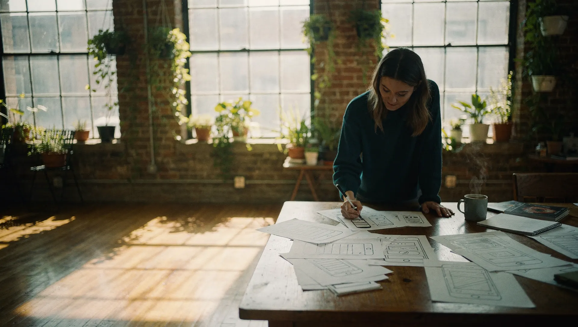 A woman sketches app screens on paper at a big table in a sunlit Toronto loft