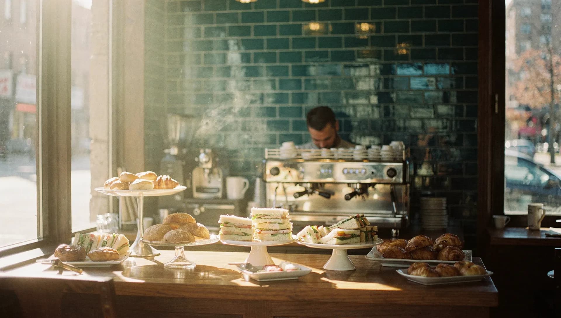 A sunlit Toronto corner café in the morning, pastries and sandwiches on the counter