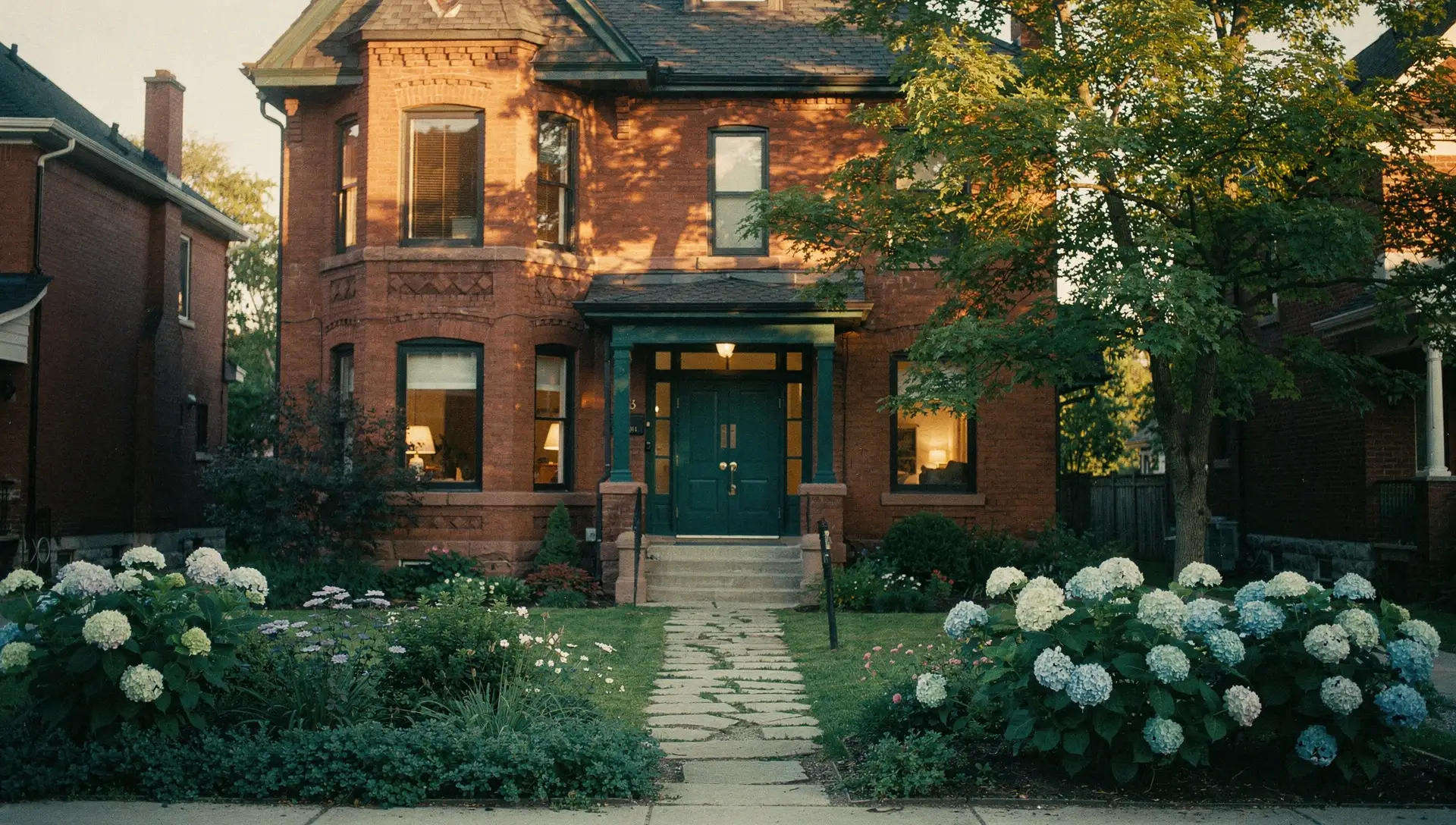 A red-brick Toronto Victorian home with a teal door at golden hour