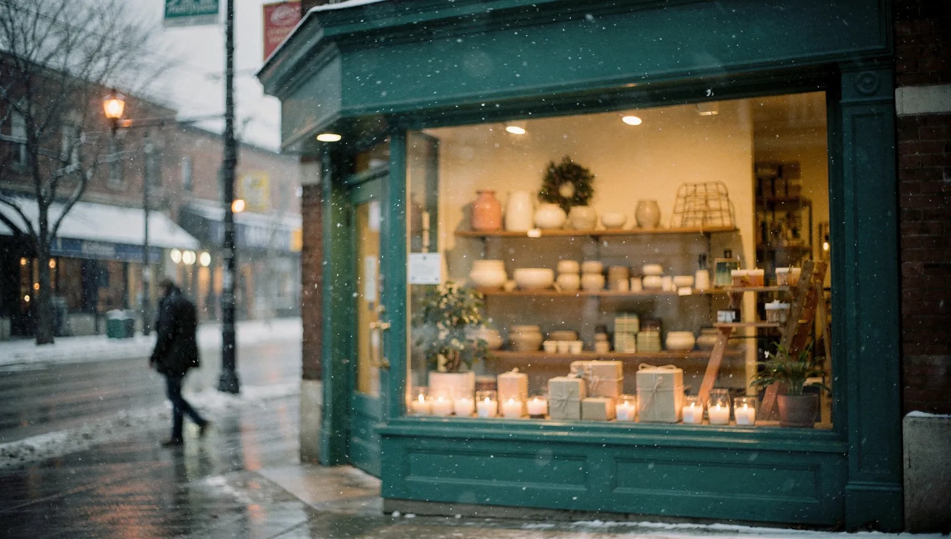 An independent gift shop window glowing on a snowy Toronto evening