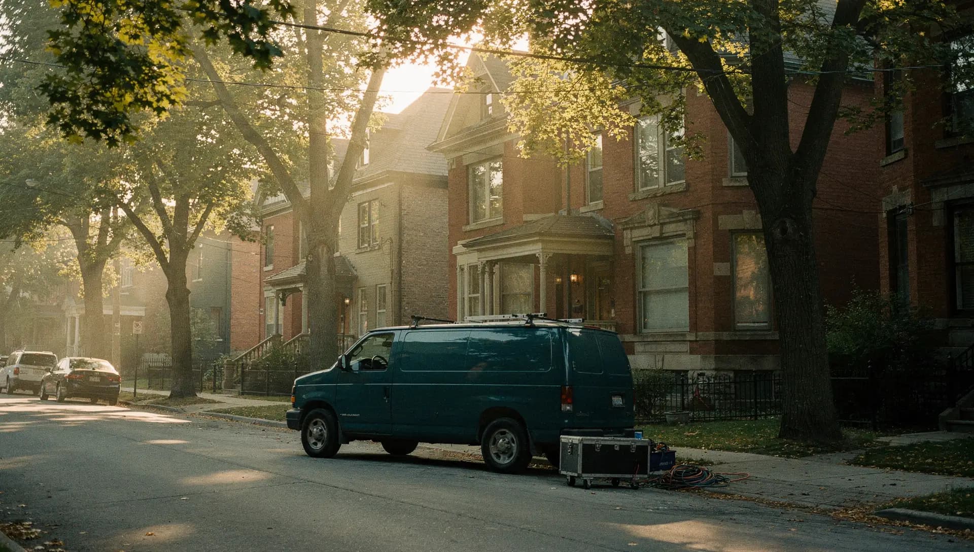 Dawn on a leafy Toronto street, a teal work van parked outside a brick house