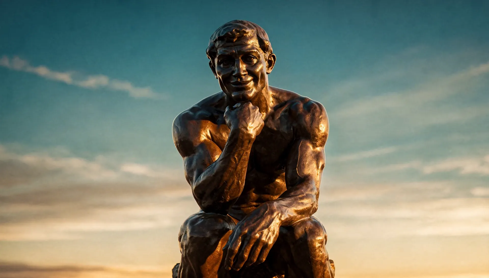 Rodin's Thinker, in bronze against a dusk sky, looks up from his thought and smiles