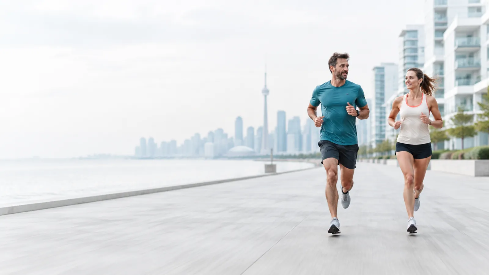 A couple out for an evening run along the Toronto waterfront, the city skyline behind them