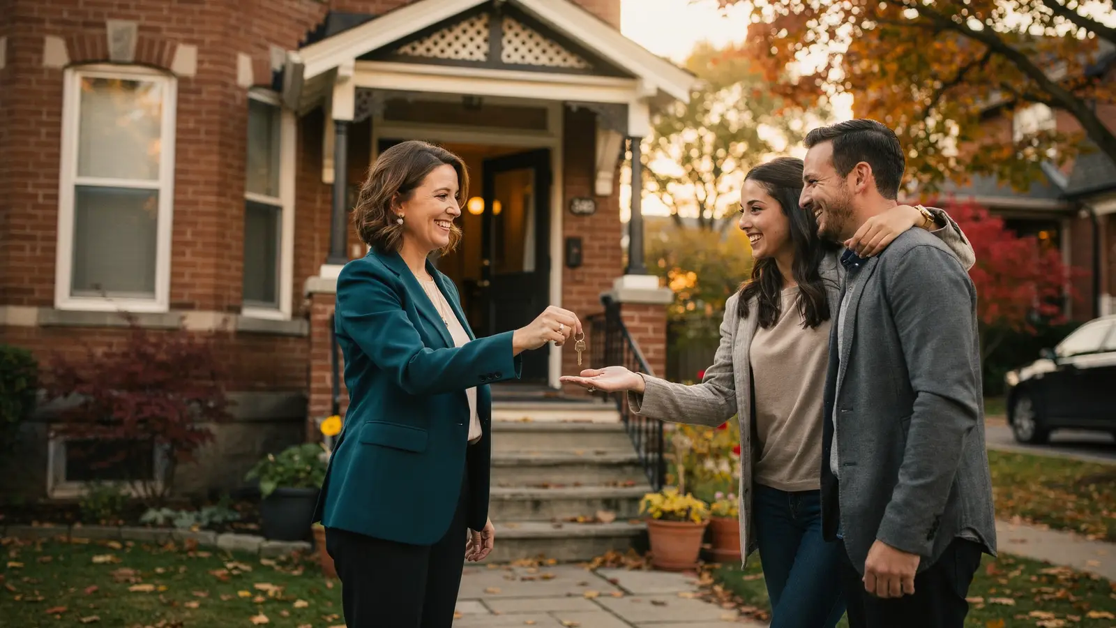 A real estate agent hands keys to a young couple on the steps of a brick house