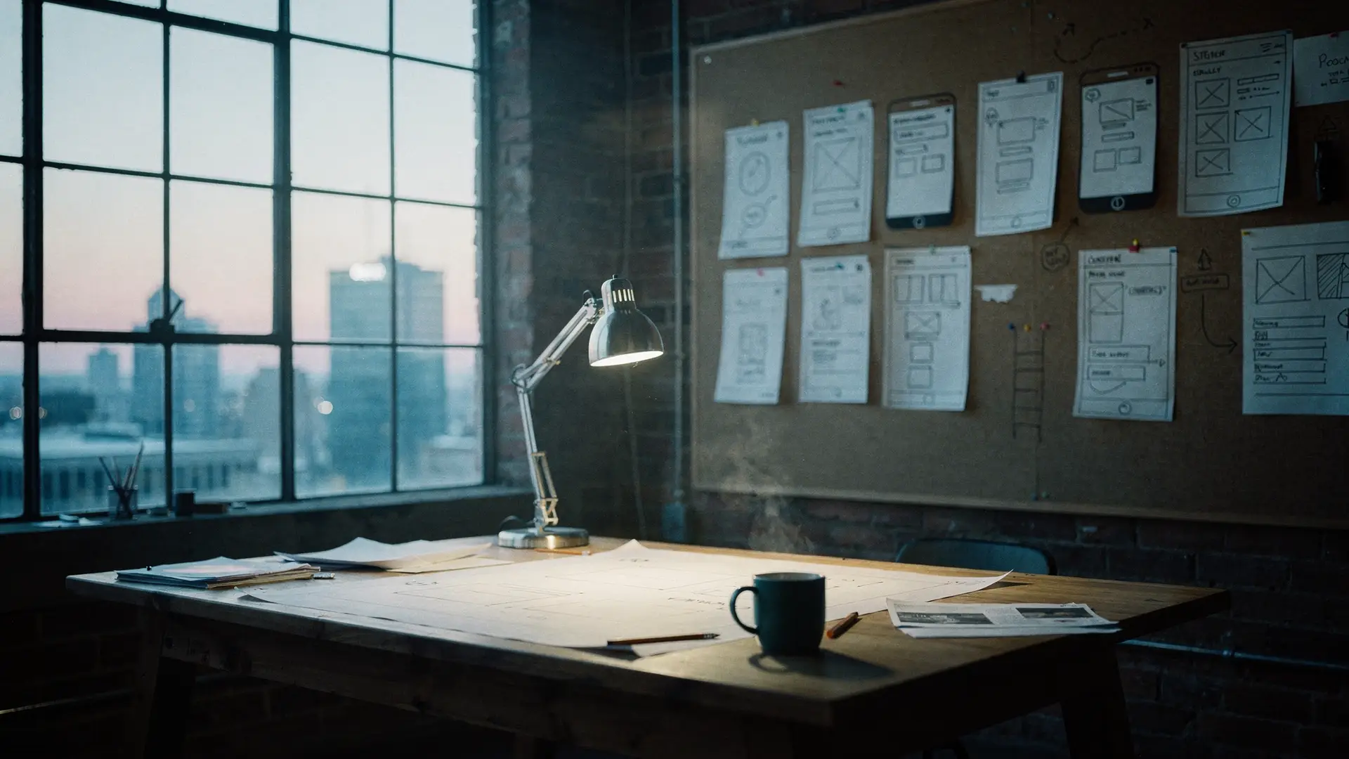 A quiet studio loft at dawn: a drafting desk by tall steel windows, sketches of app screens pinned to a cork wall
