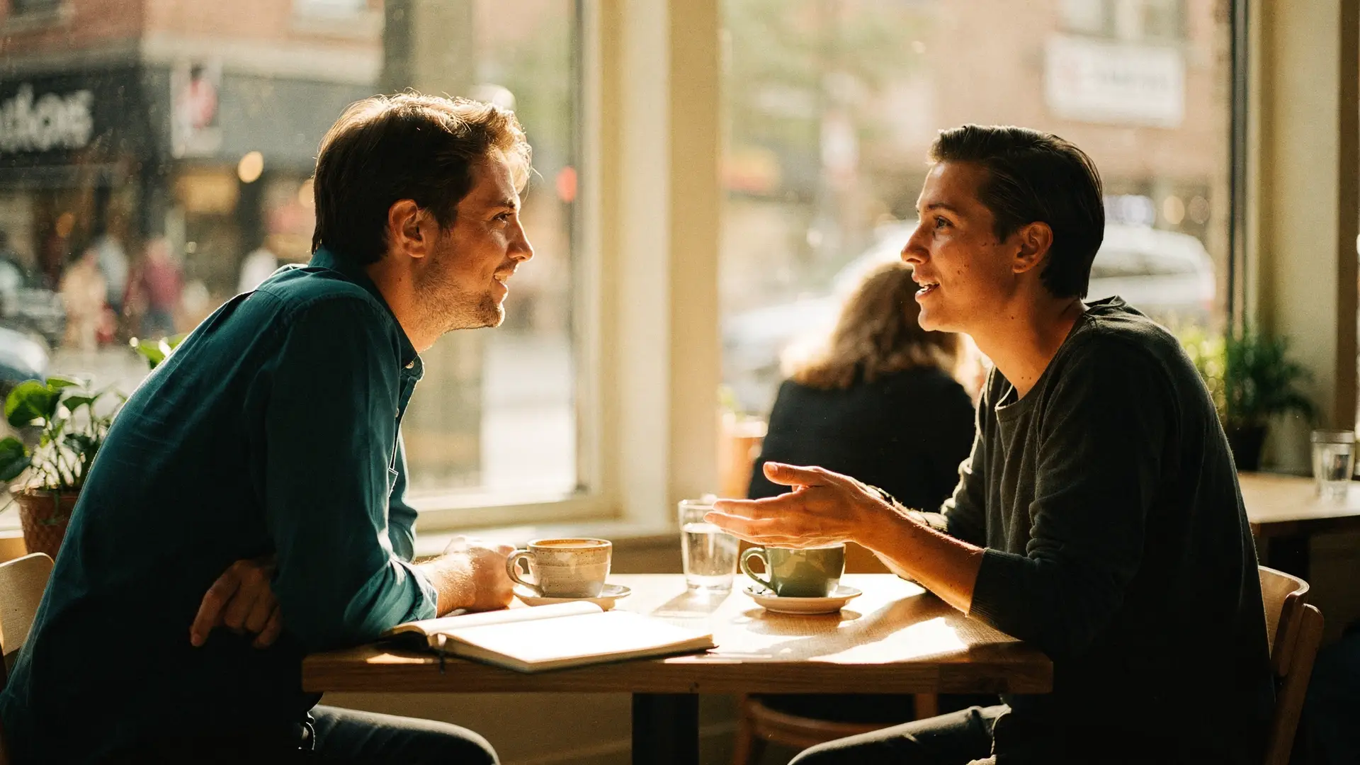 Two people talking easily over coffee at a sunlit cafe table, one in a teal shirt listening
