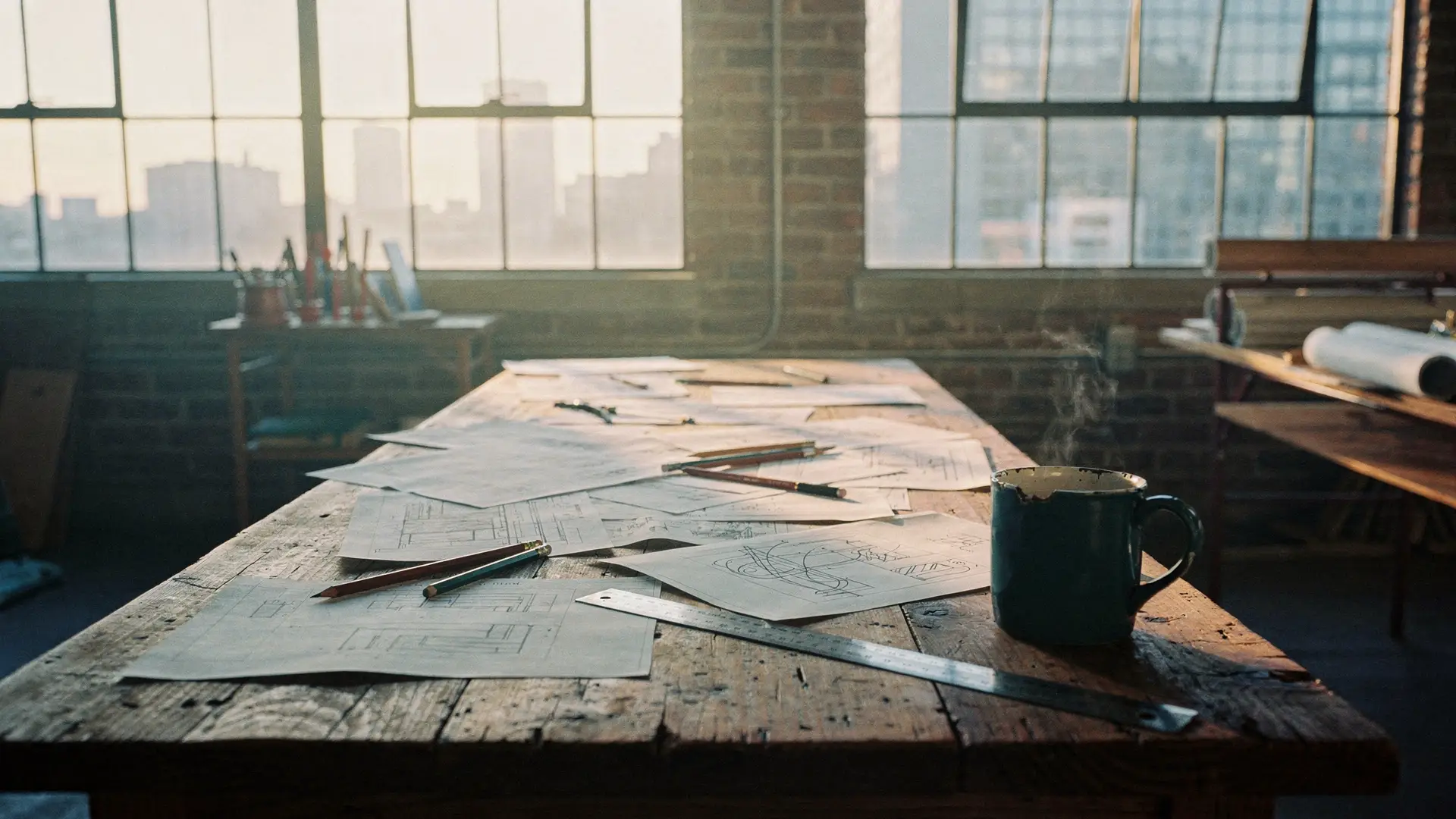 A loft studio table covered in hand-drawn workflow sketches at dawn, a teal mug beside them and the city through tall steel windows
