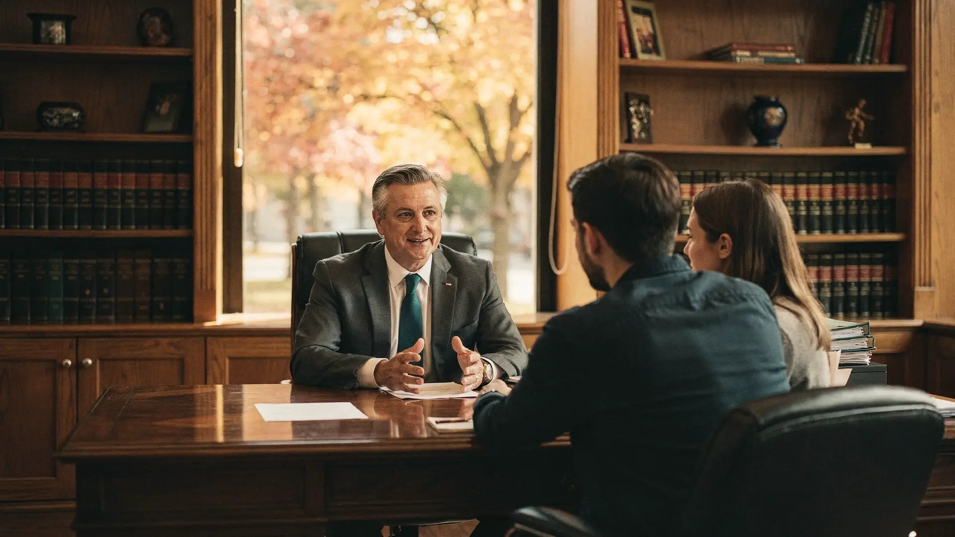 An insurance broker in a teal tie talks with a young couple across a desk in a book-lined Toronto office in autumn