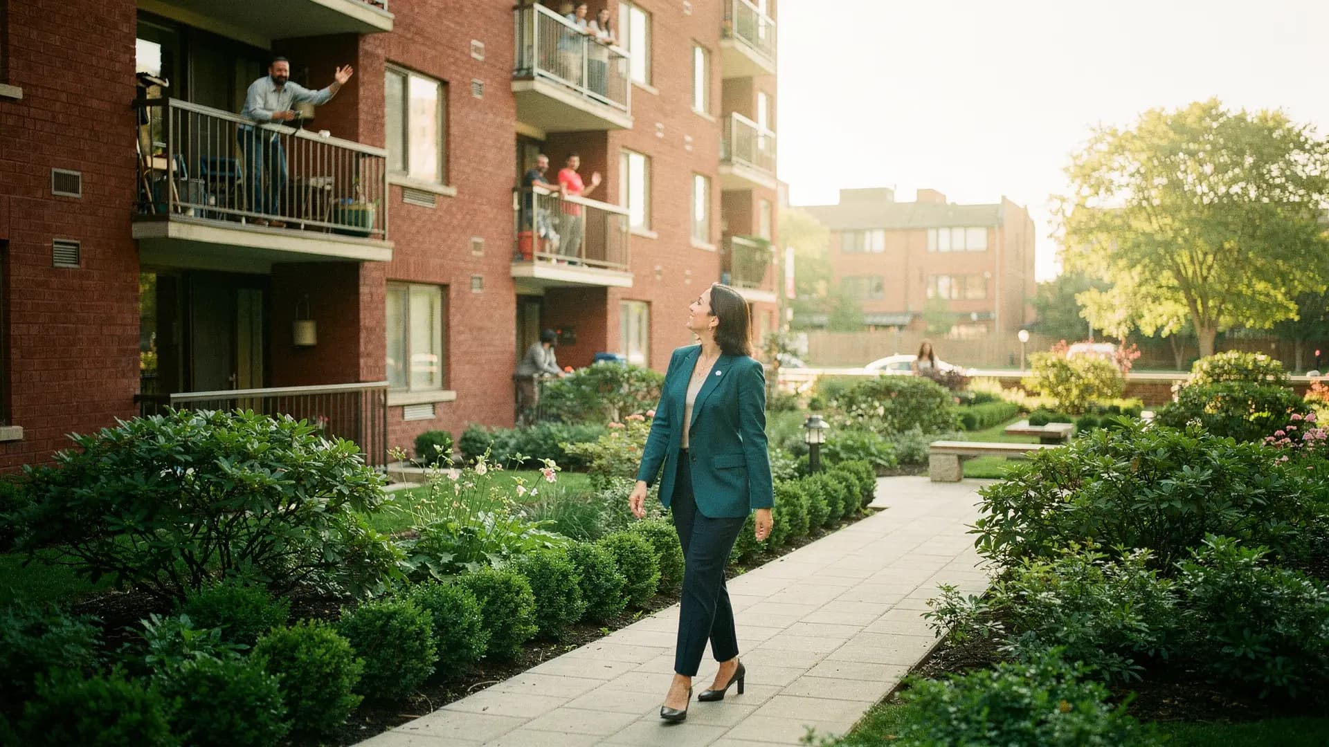 A property manager in a teal jacket walks through the leafy courtyard of a brick apartment building while a tenant waves from a balcony
