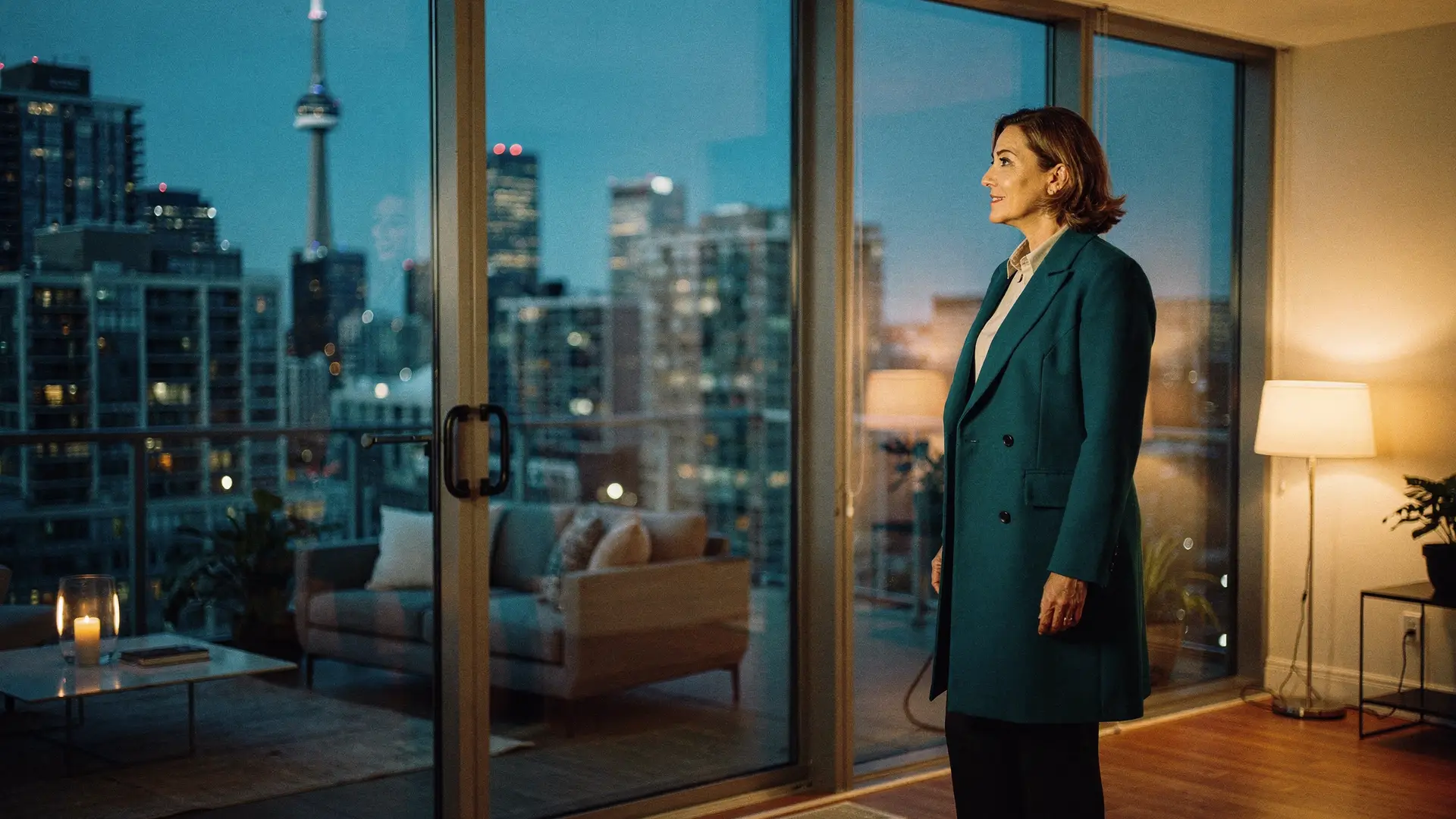 A real estate agent in a teal coat stands at the window of a staged Toronto condo at blue hour, the city lights coming on below